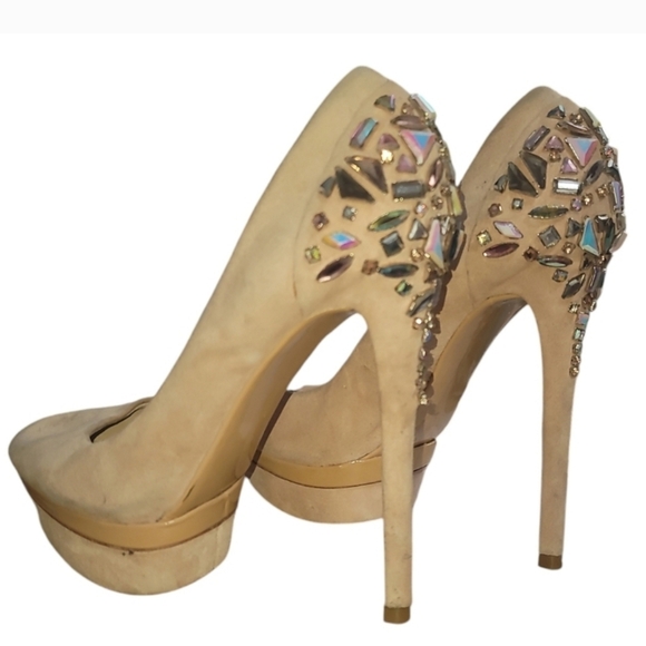 Brian Atwood Nude / Champagne suede Crystal Back Platform Heels stilettos 7 - Picture 2 of 6